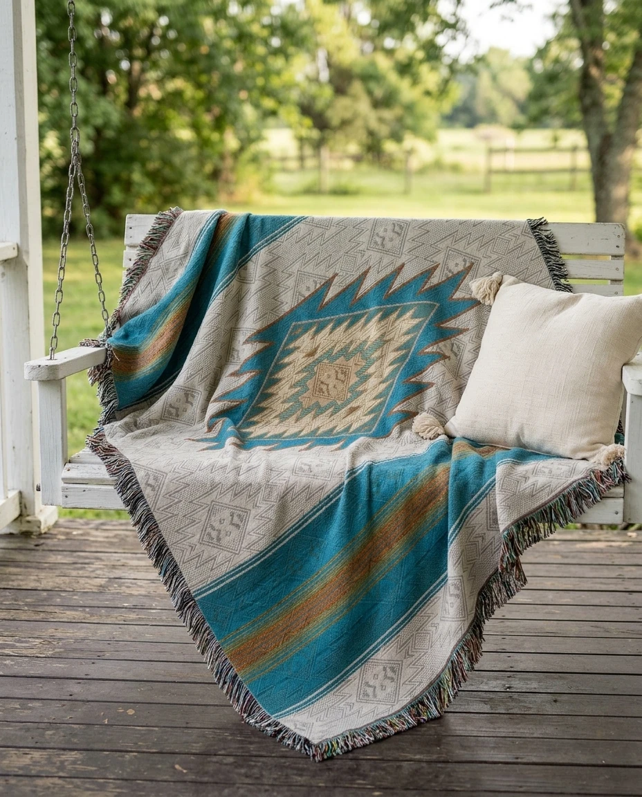 Southwest medallion throw in an AI-generated setting