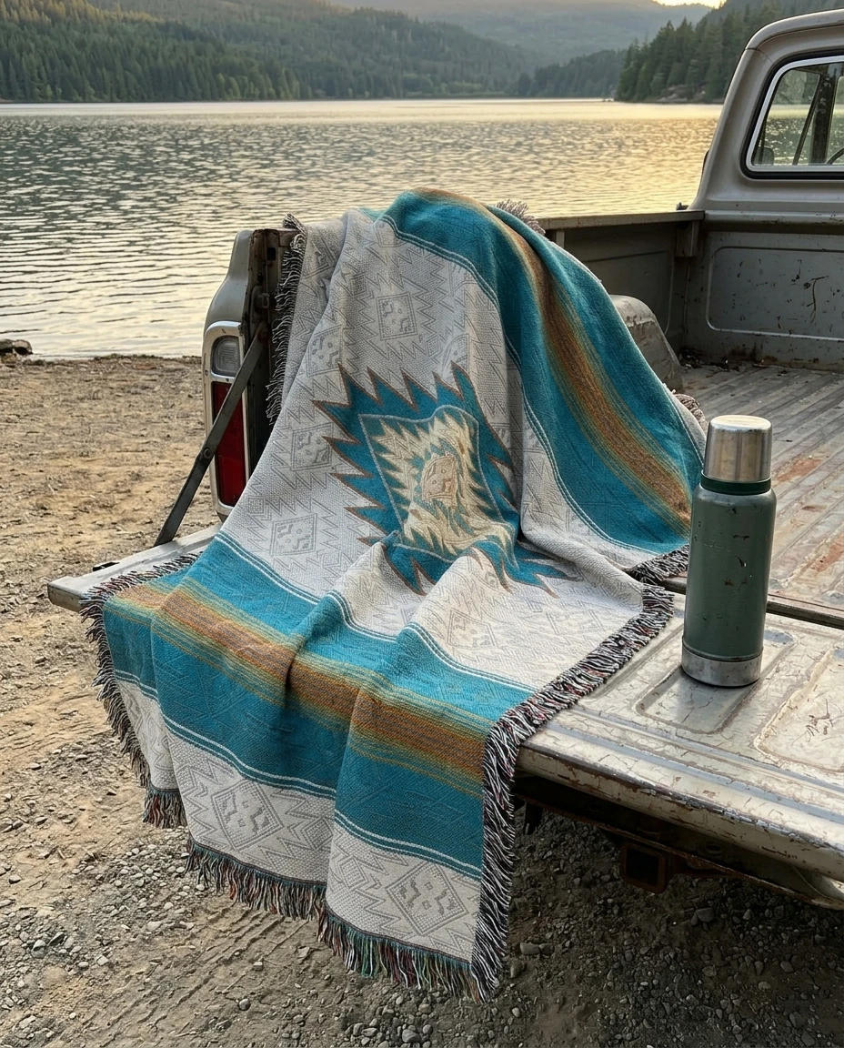 AI-generated southwest medallion throw photography: tailgate at the lake