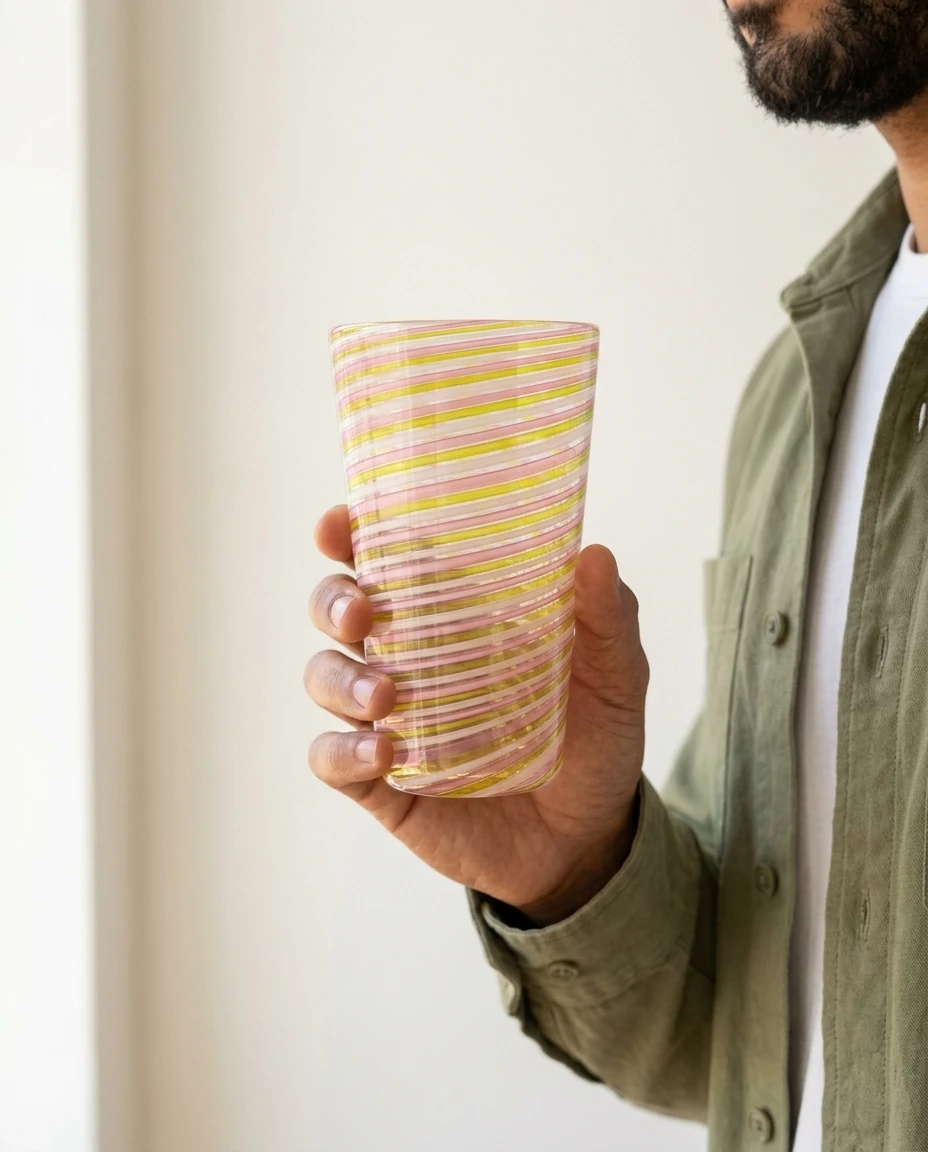 AI-generated striped cane tumbler photography: size in the hand