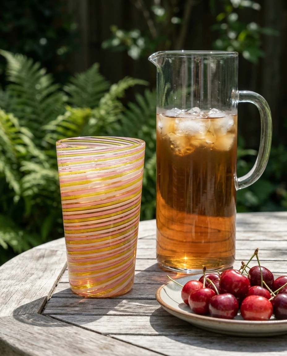Striped cane tumbler in an AI-generated setting