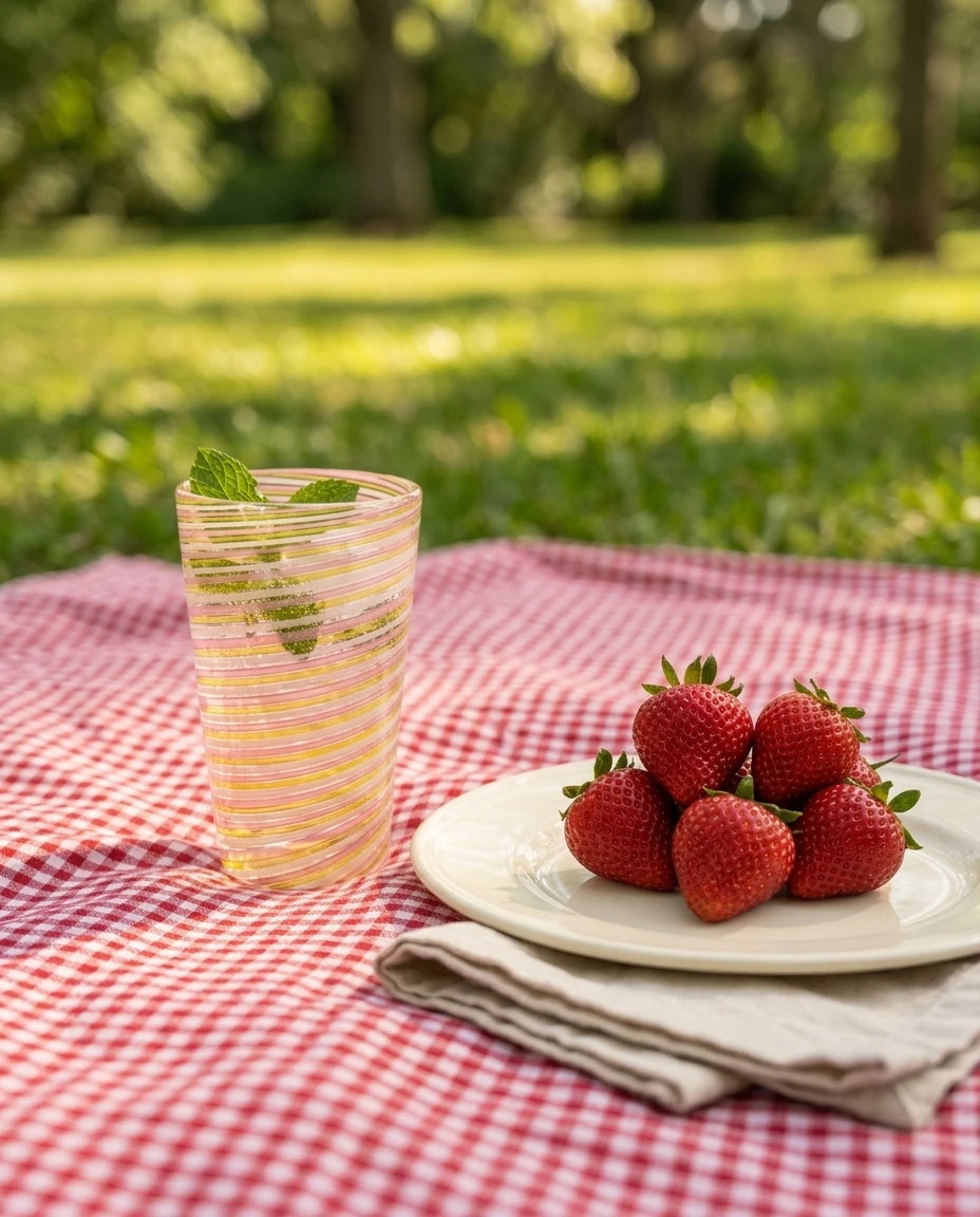AI-generated striped cane tumbler photography: picnic in the park