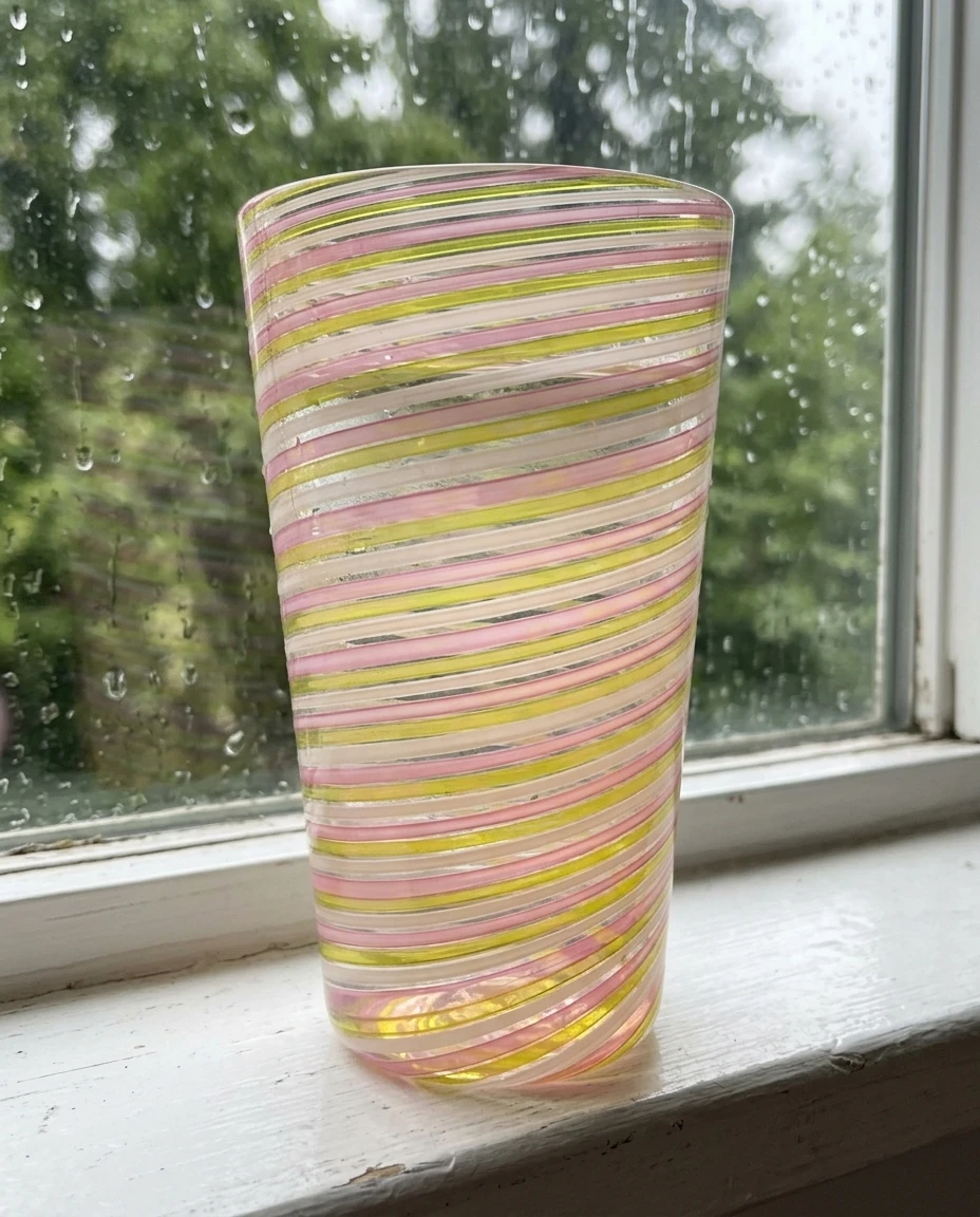 AI-generated striped cane tumbler photography: rainy windowsill