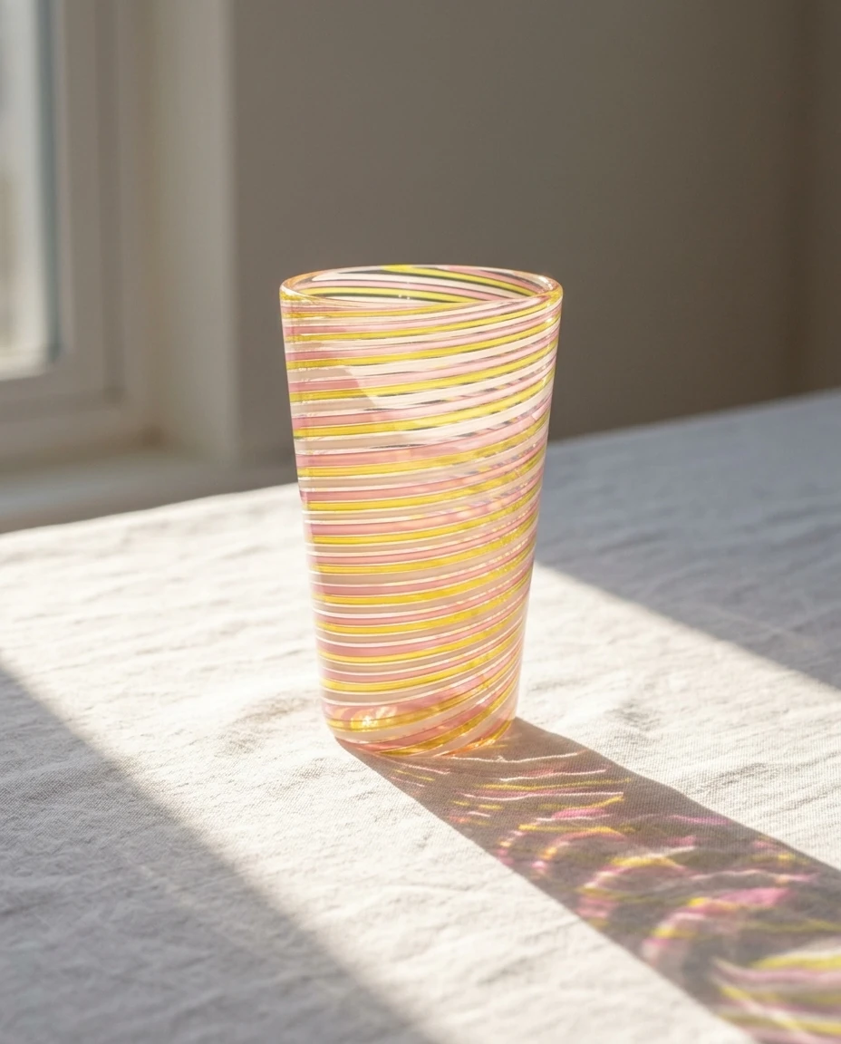 AI-generated striped cane tumbler photography: colored shadow