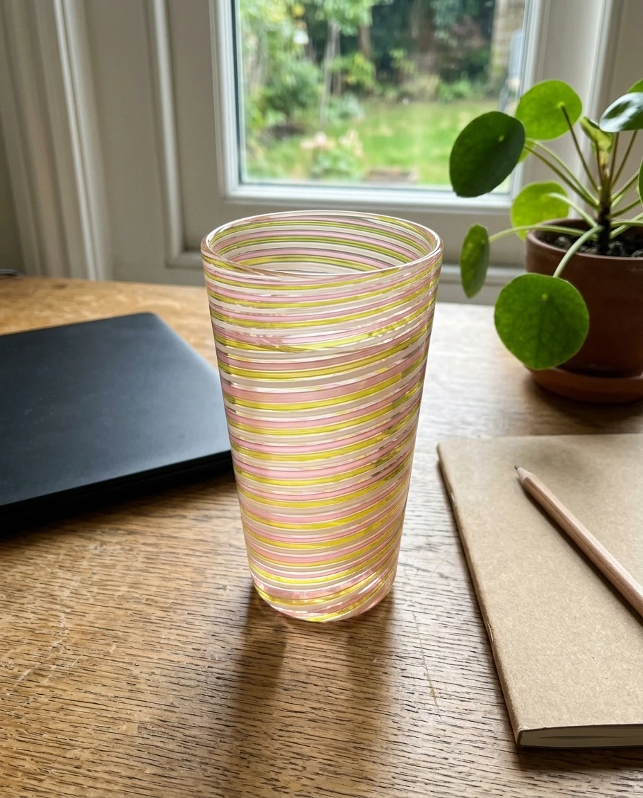 AI-generated striped cane tumbler photography: desk snapshot
