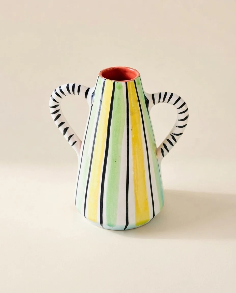 AI-generated striped ceramic vase photography: studio angle