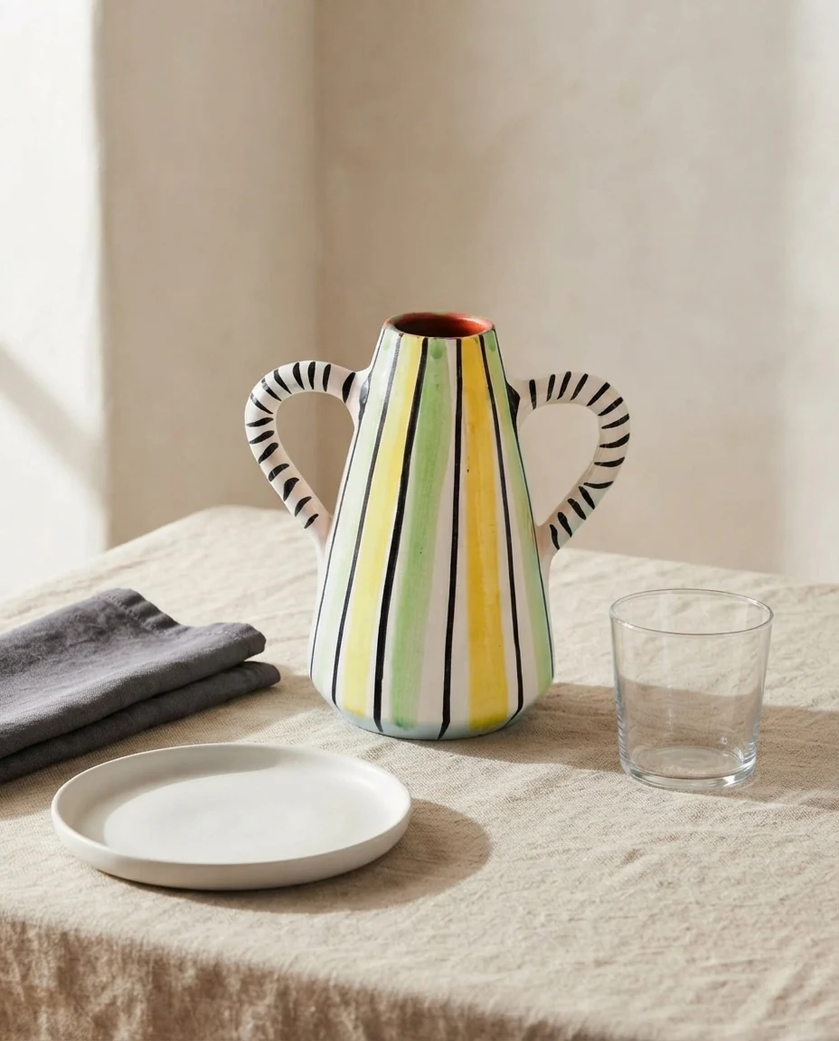 AI-generated striped ceramic vase photography: at the table