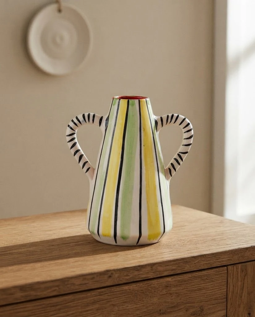 AI-generated striped ceramic vase photography: a place at home