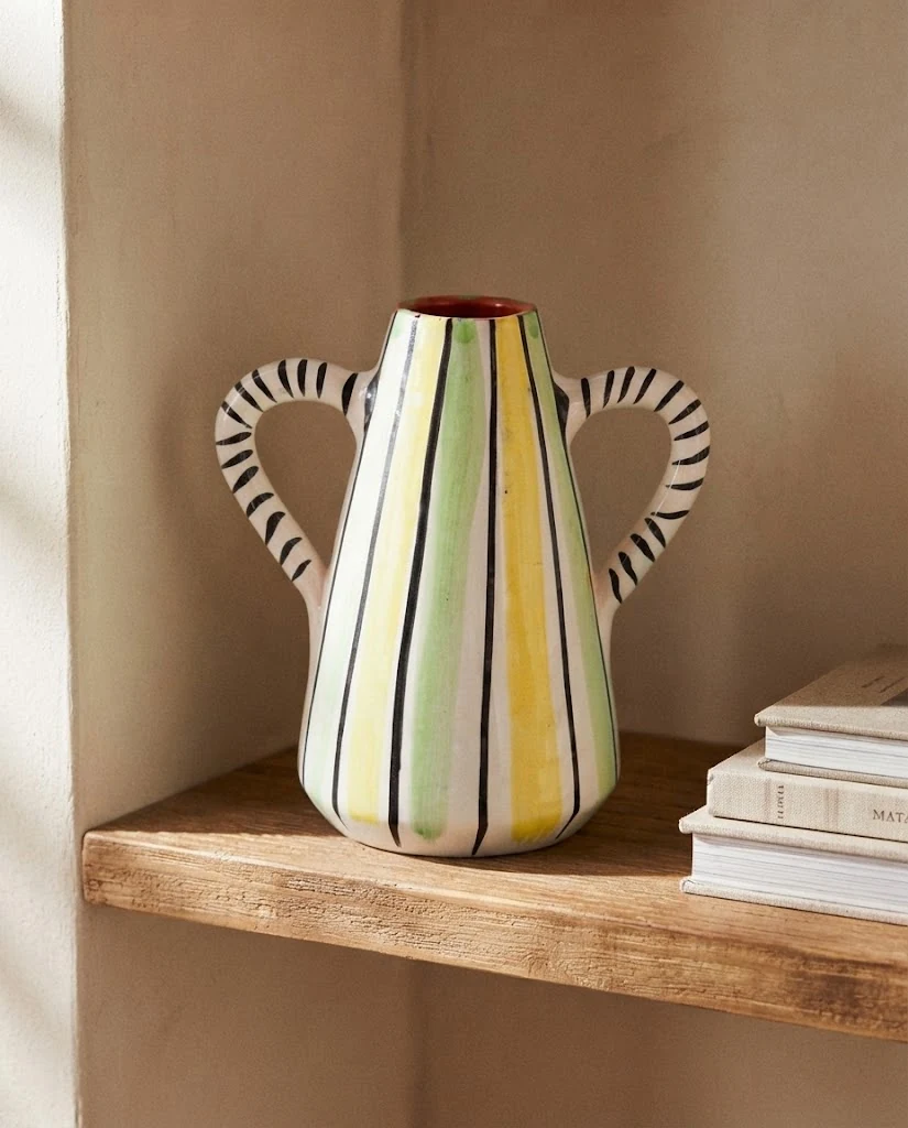 AI-generated striped ceramic vase photography: shelf setting