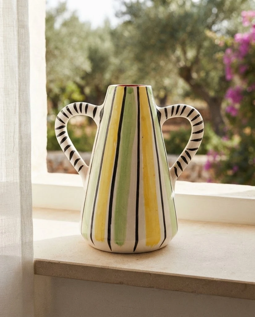 Striped ceramic vase in an AI-generated setting