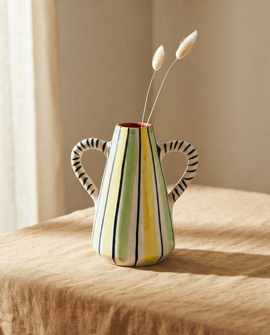 AI-generated striped ceramic vase photography: a few stems