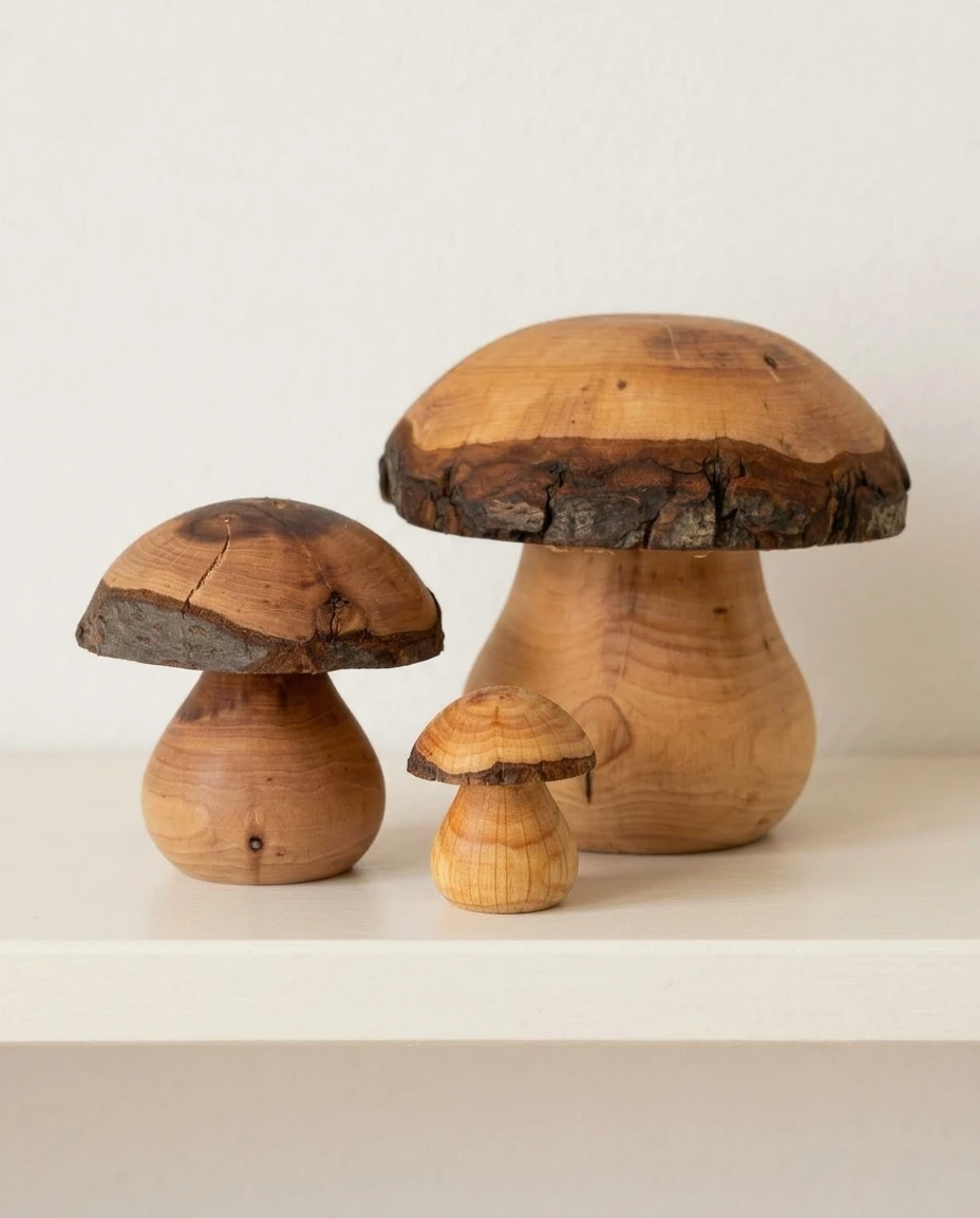 AI-generated turned alder mushrooms photography: daylight, plain wall