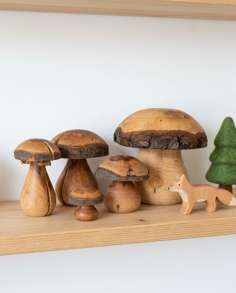 AI-generated turned alder mushrooms photography: children's shelf