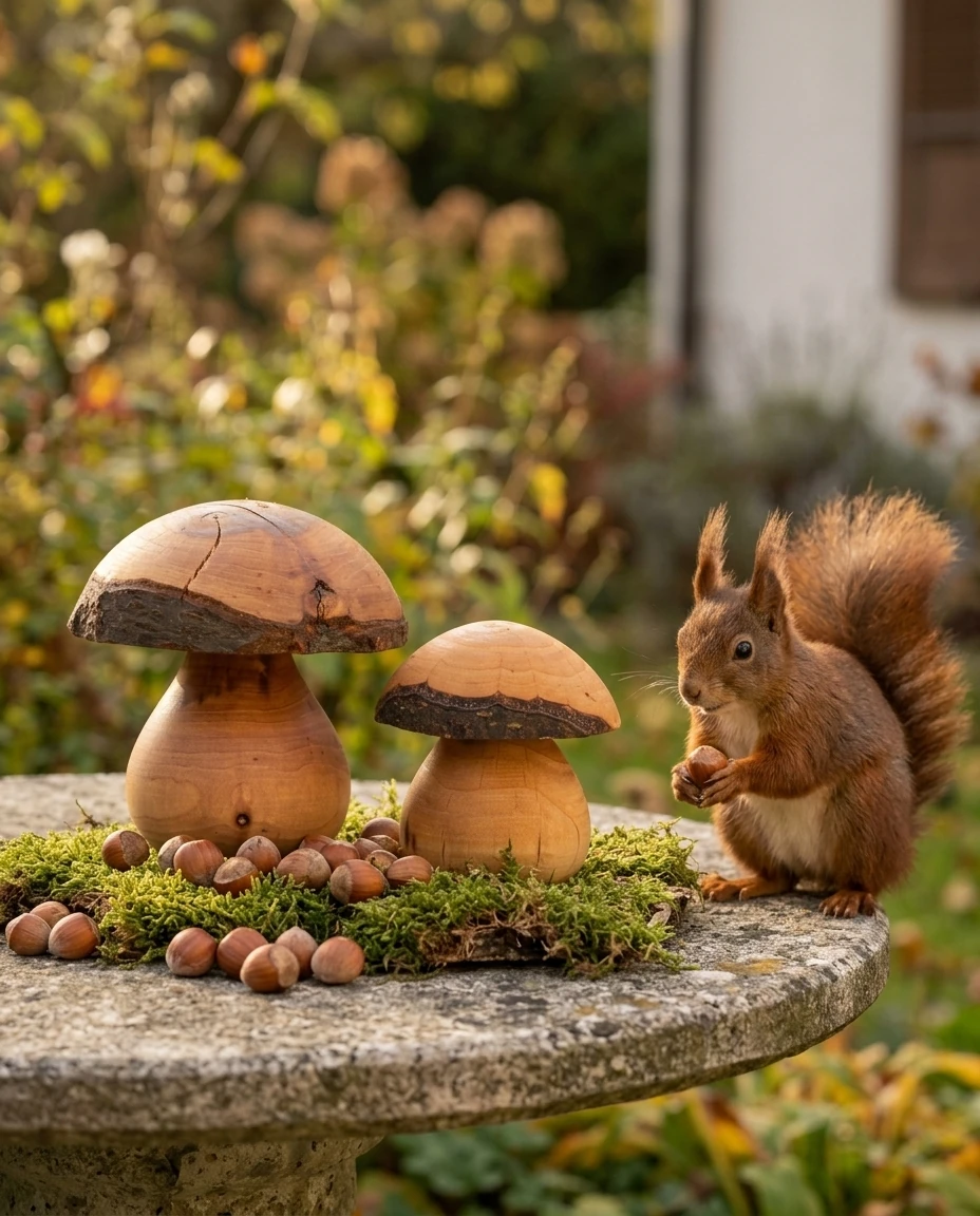 AI-generated turned alder mushrooms photography: a squirrel visits