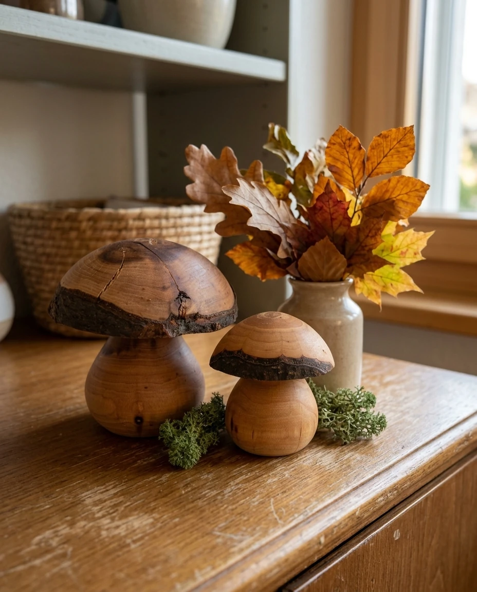 AI-generated turned alder mushrooms photography: on the sideboard