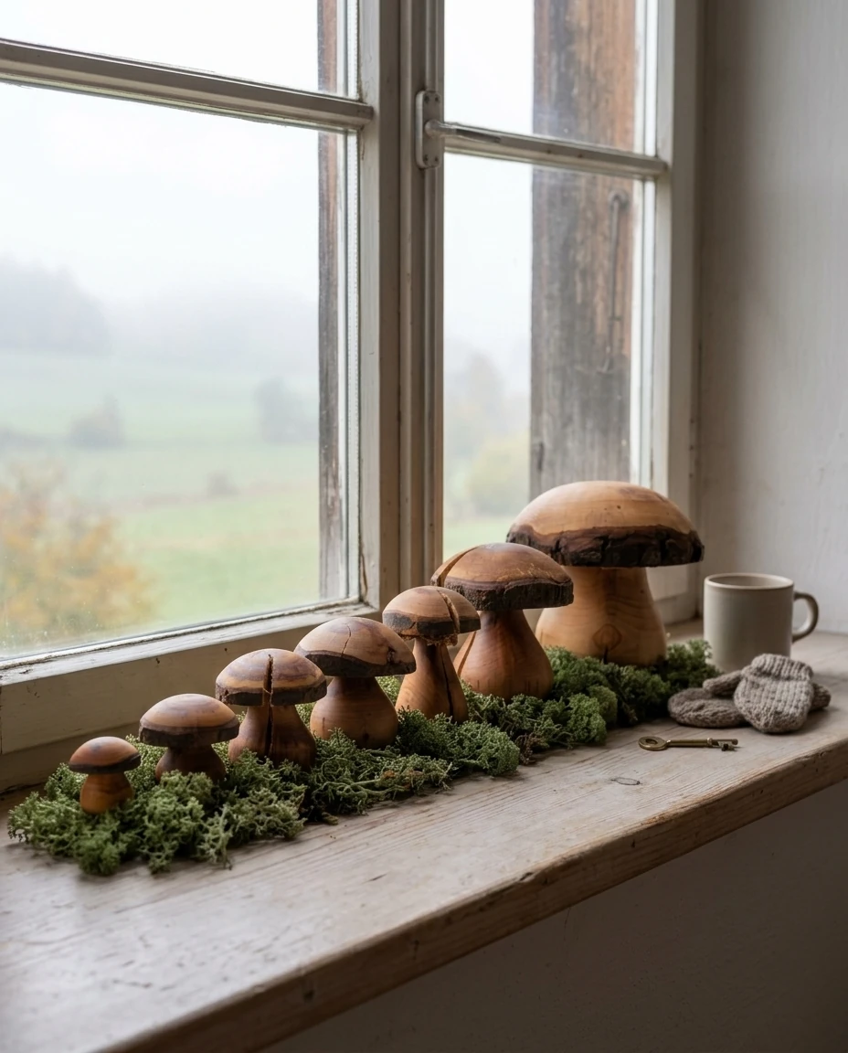AI-generated turned alder mushrooms photography: misty windowsill
