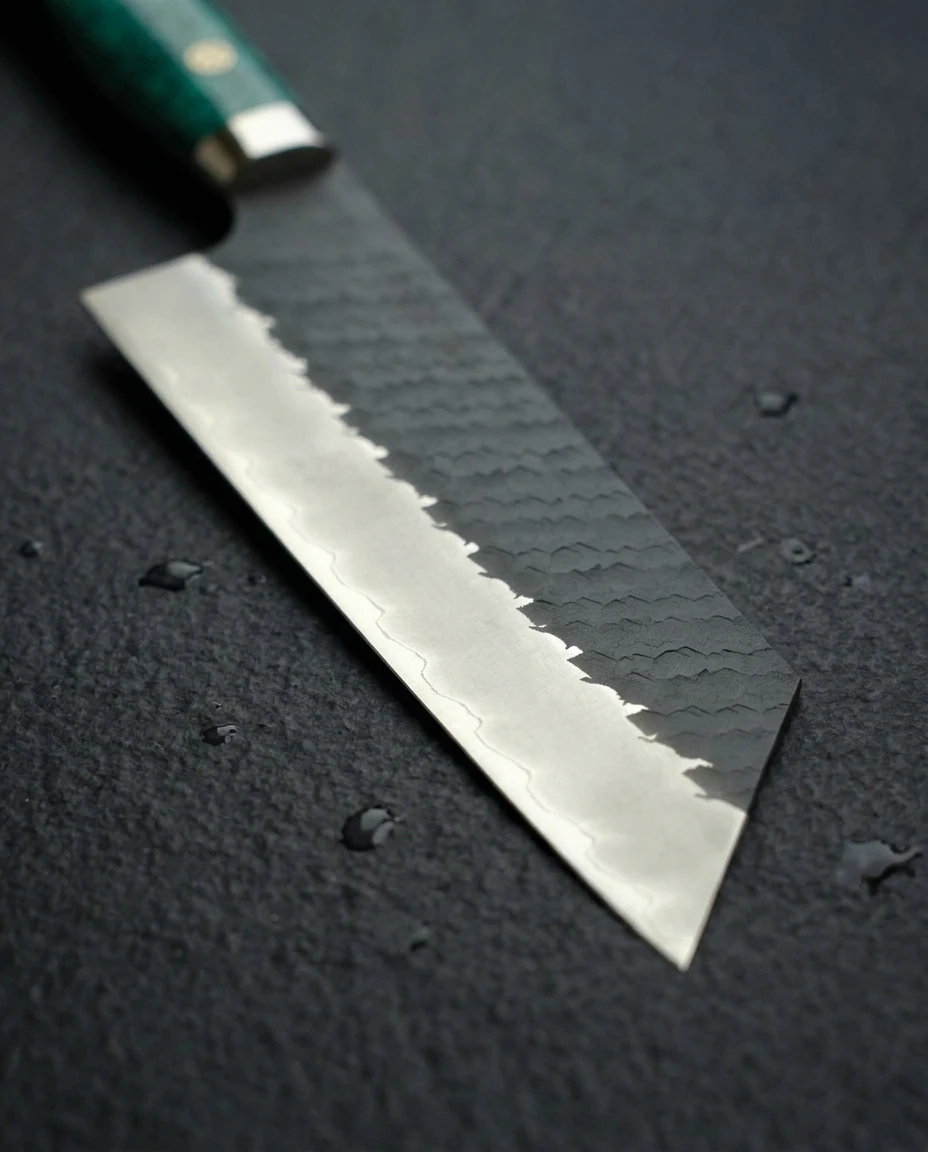 AI-generated turquoise nakiri photography: hammered kurouchi