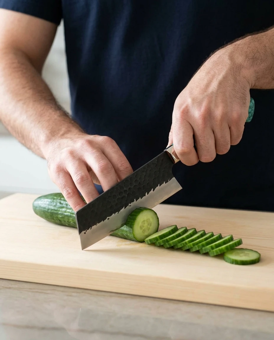 AI-generated turquoise nakiri photography: paper-thin cucumber