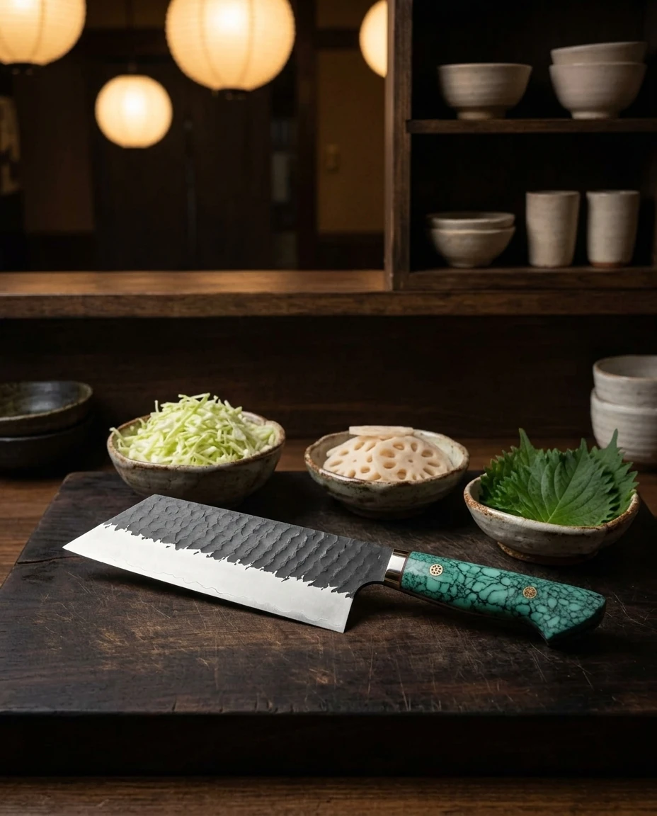 AI-generated turquoise nakiri photography: at the izakaya counter