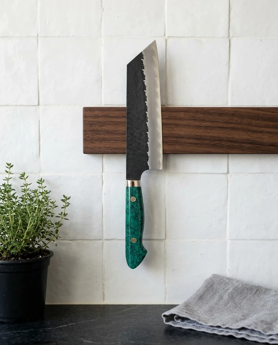 AI-generated turquoise nakiri photography: on the knife rail