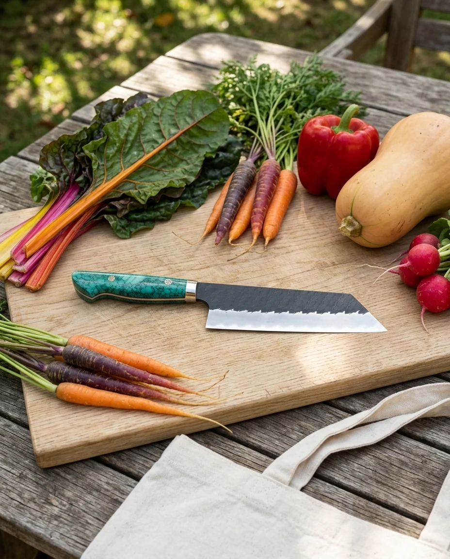 AI-generated turquoise nakiri photography: farmers-market haul