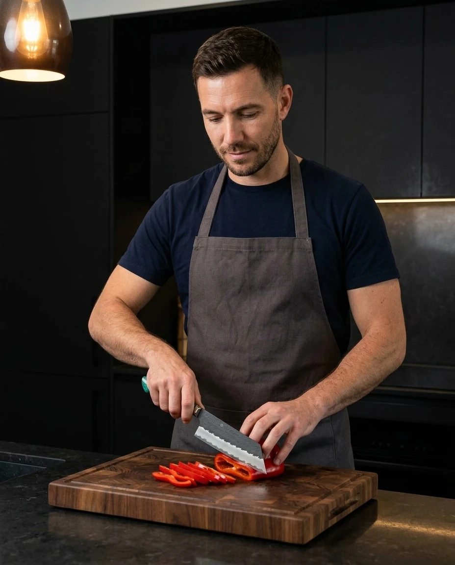 AI-generated turquoise nakiri photography: slicing capsicum
