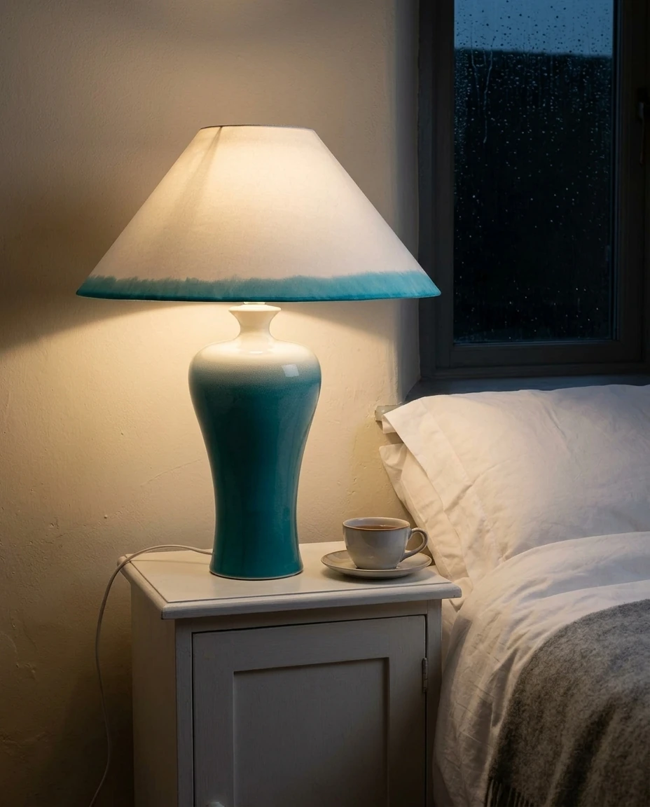 AI-generated turquoise stoneware lamp photography: rain at the bedside