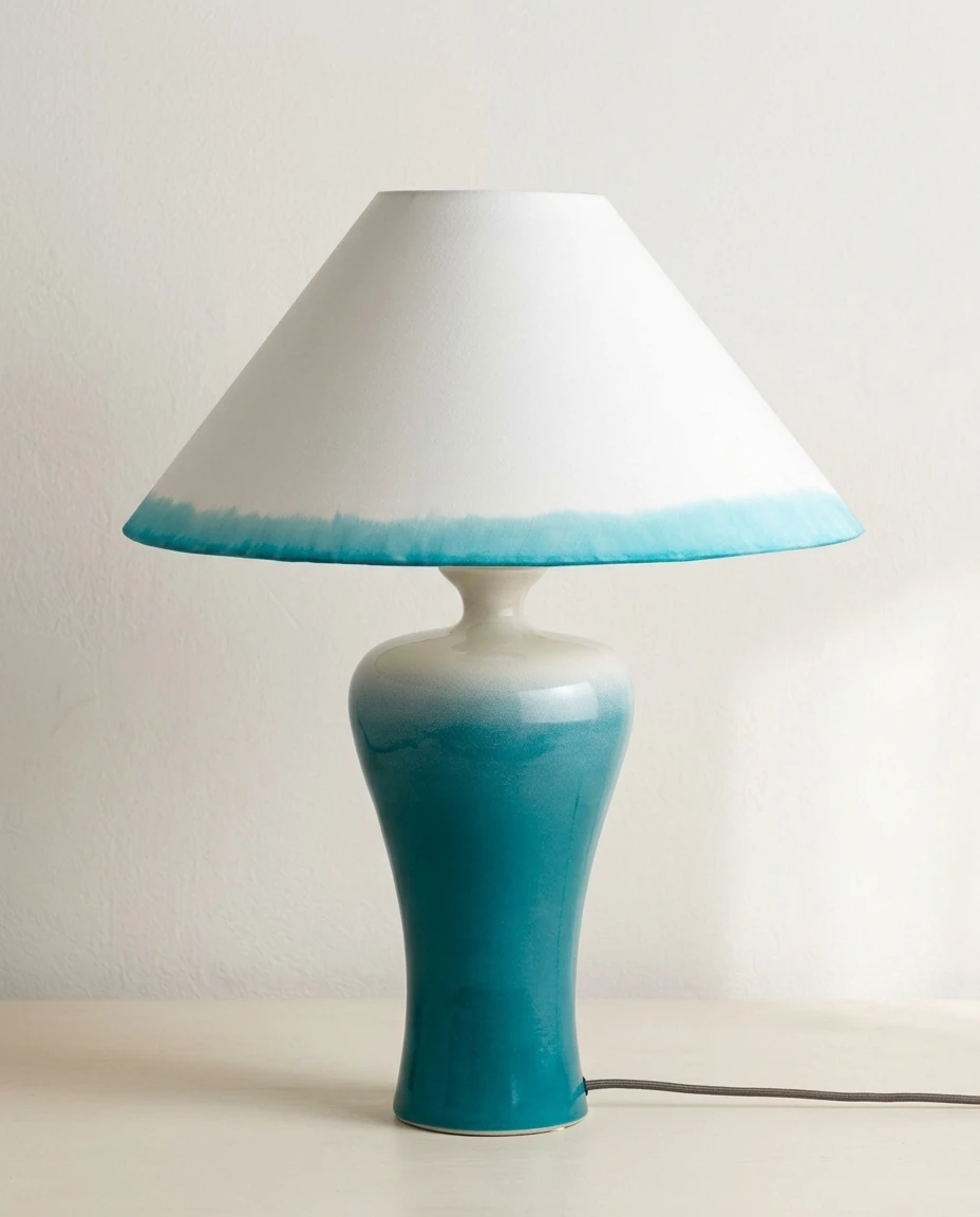 AI-generated turquoise stoneware lamp photography: daylight, plain wall