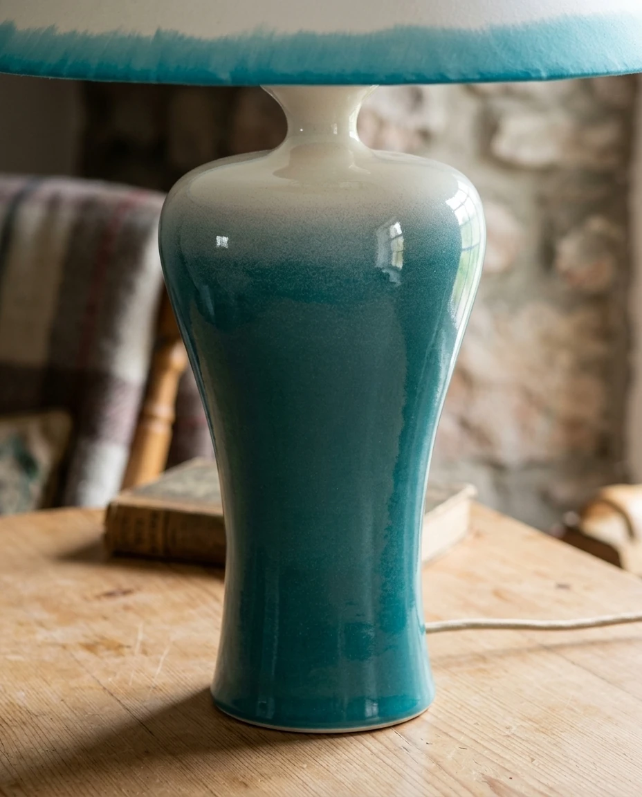 AI-generated turquoise stoneware lamp photography: glaze detail