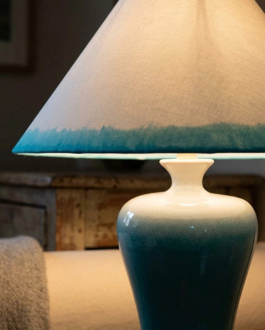 AI-generated turquoise stoneware lamp photography: the painted band