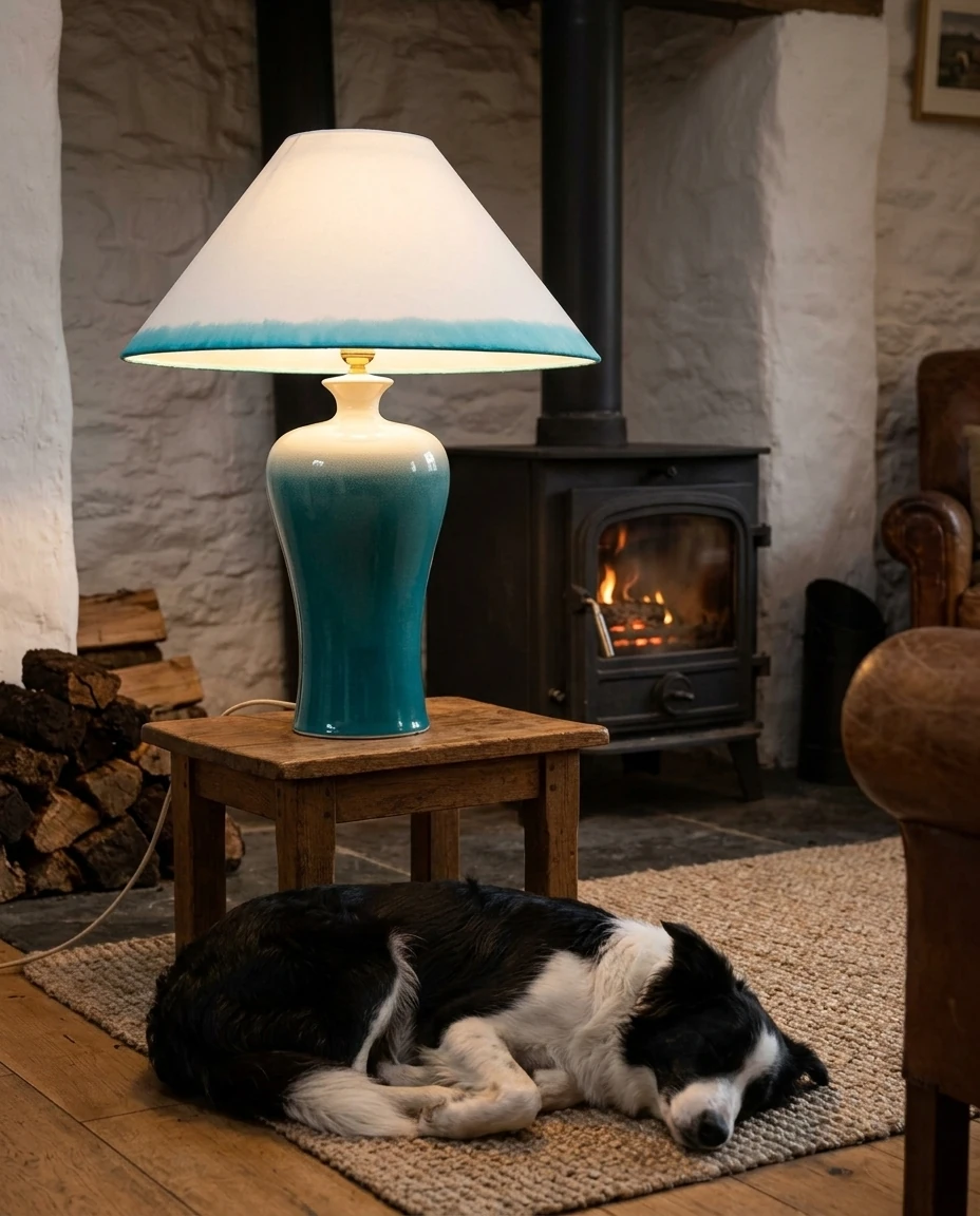 AI-generated turquoise stoneware lamp photography: by the stove