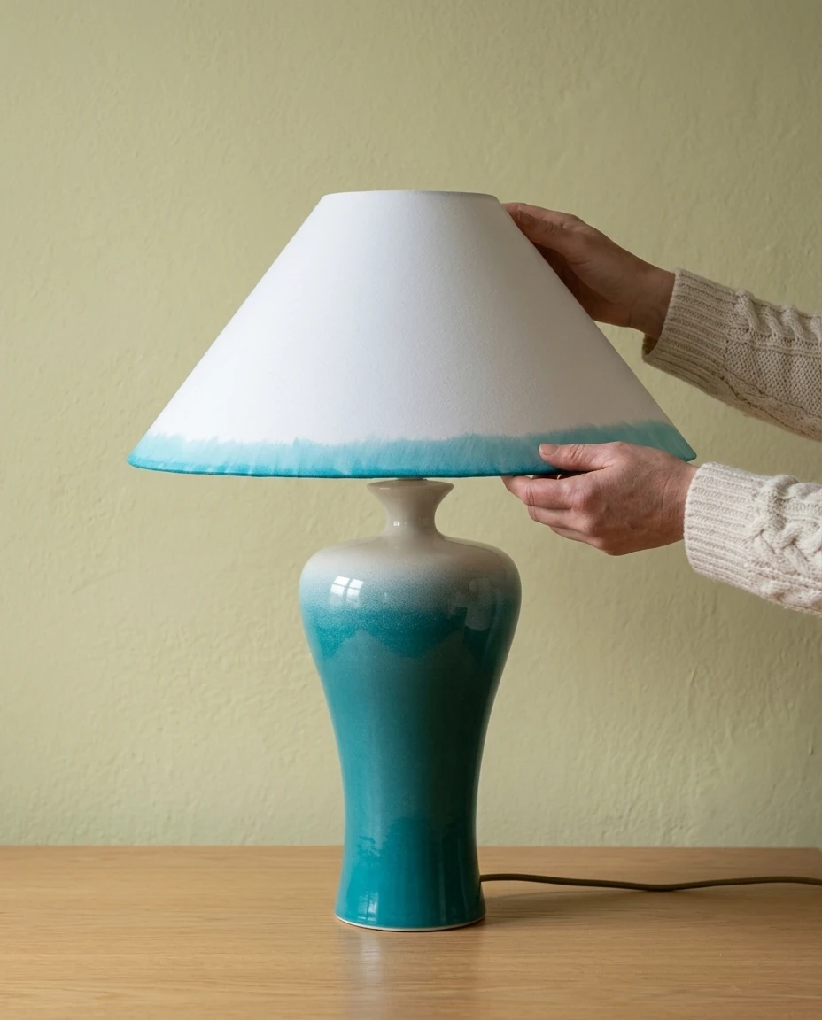 AI-generated turquoise stoneware lamp photography: straightening the shade