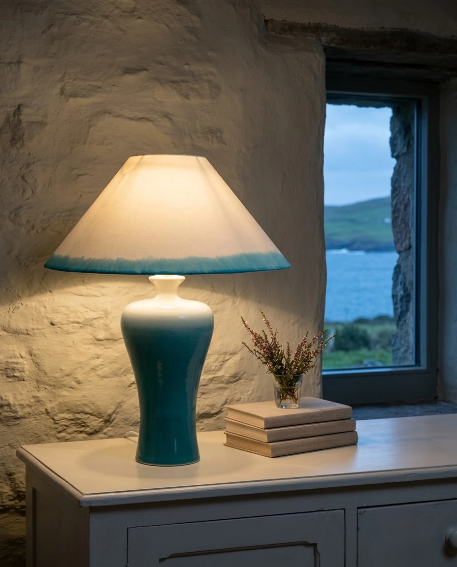 Turquoise stoneware lamp in an AI-generated setting