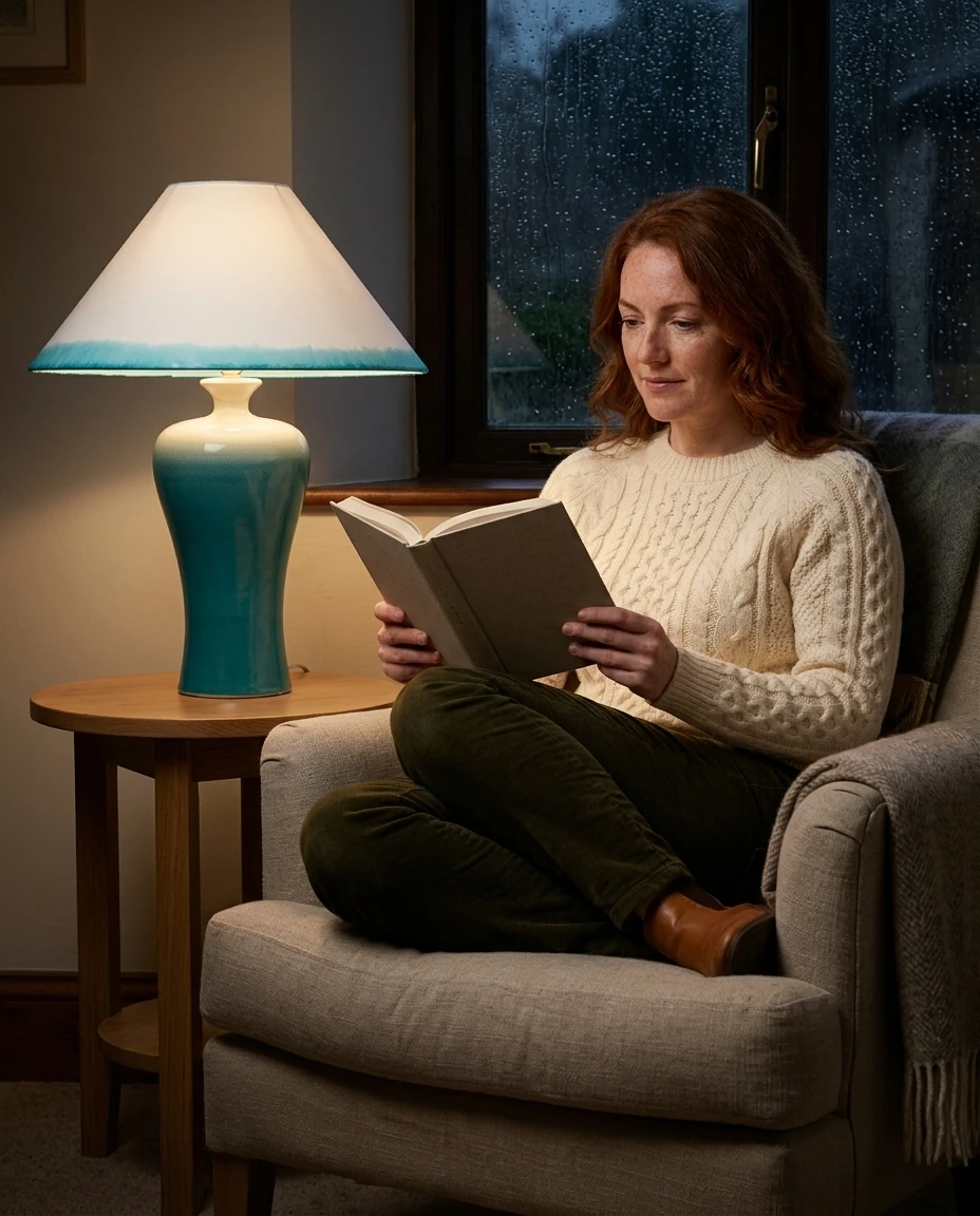 AI-generated turquoise stoneware lamp photography: reading by lamplight