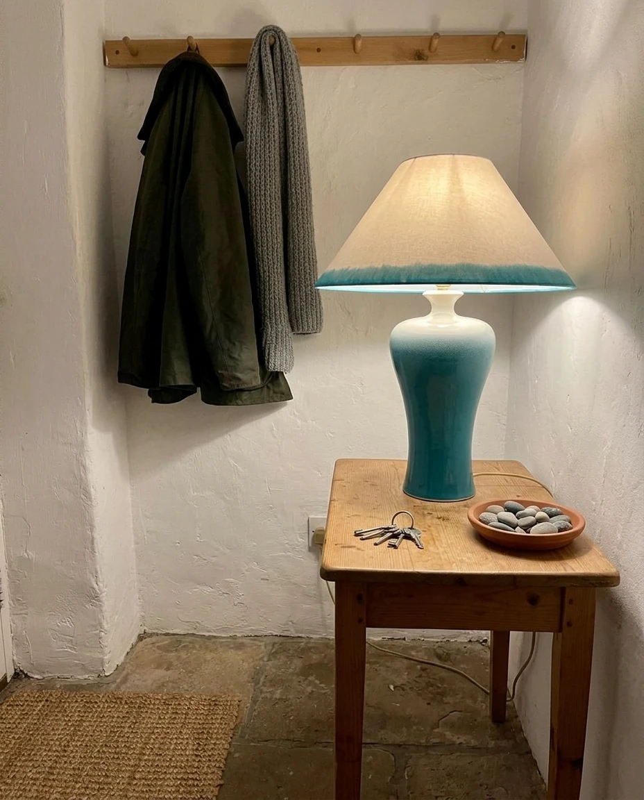 AI-generated turquoise stoneware lamp photography: in the hallway