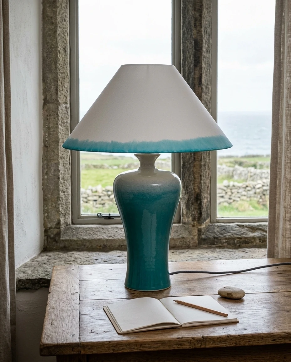 AI-generated turquoise stoneware lamp photography: desk at the window
