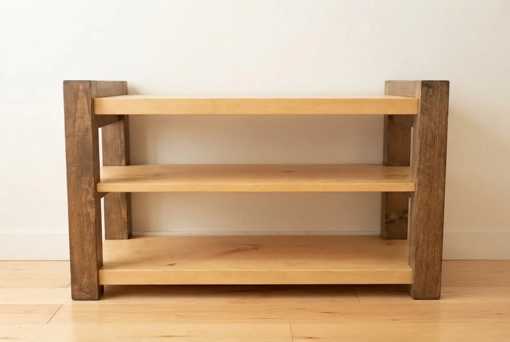AI-generated two-tone entry bench photography: front view