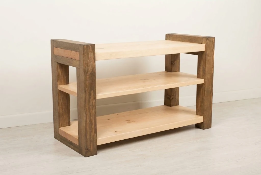 AI-generated two-tone entry bench photography: left angle