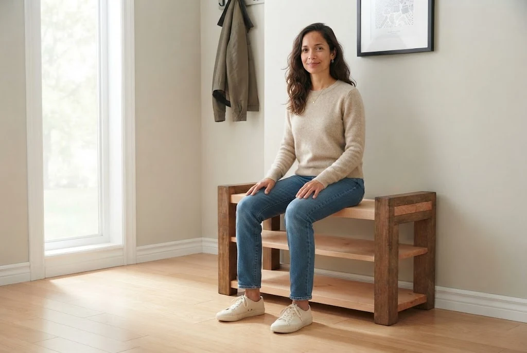 Two-tone entry bench — AI-generated a moment seated