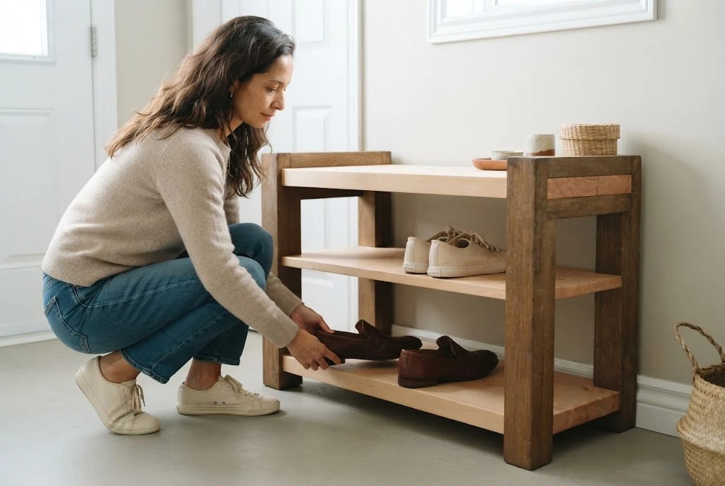 AI-generated two-tone entry bench photography: putting shoes away