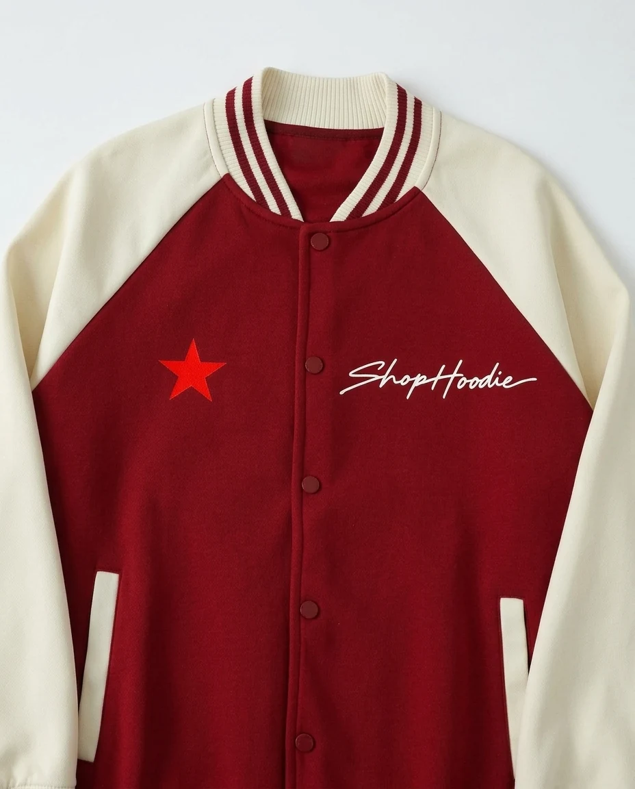 AI-generated two-tone varsity jacket photography: chest detail