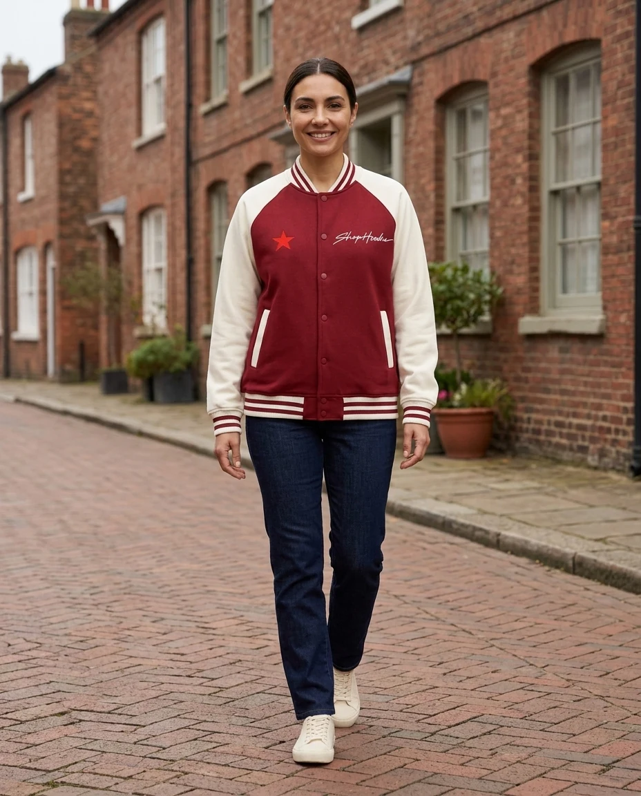Two-tone varsity jacket — AI-generated city walk