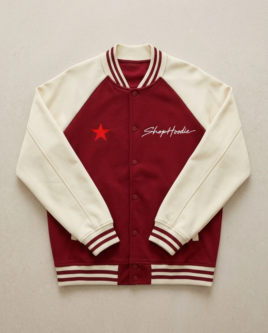 Two-tone varsity jacket in an AI-generated setting