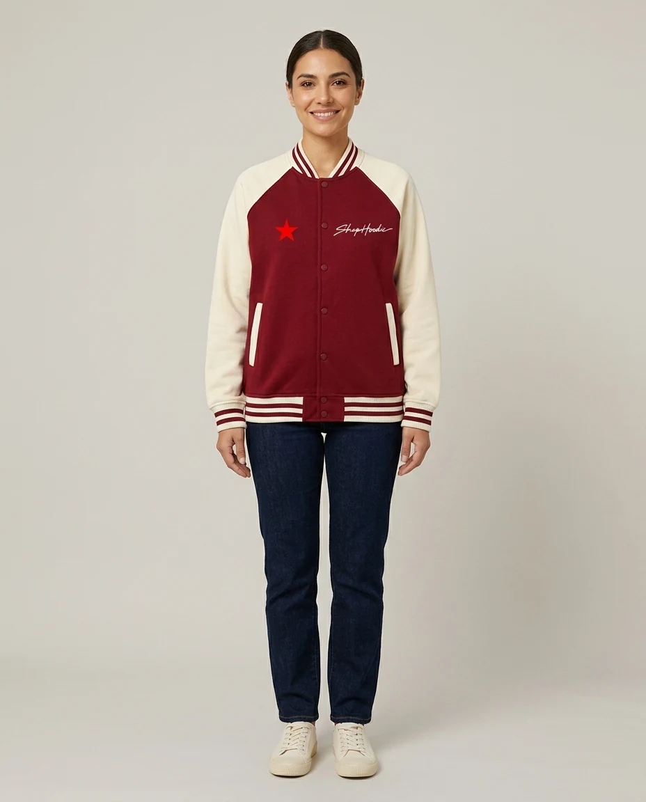 AI-generated two-tone varsity jacket photography: studio front