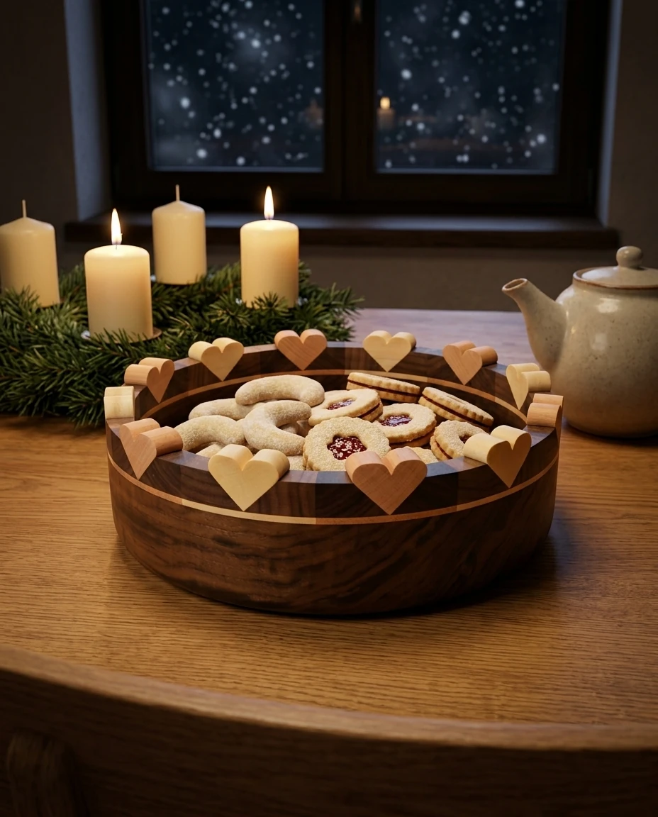 AI-generated walnut heart bowl photography: advent evening