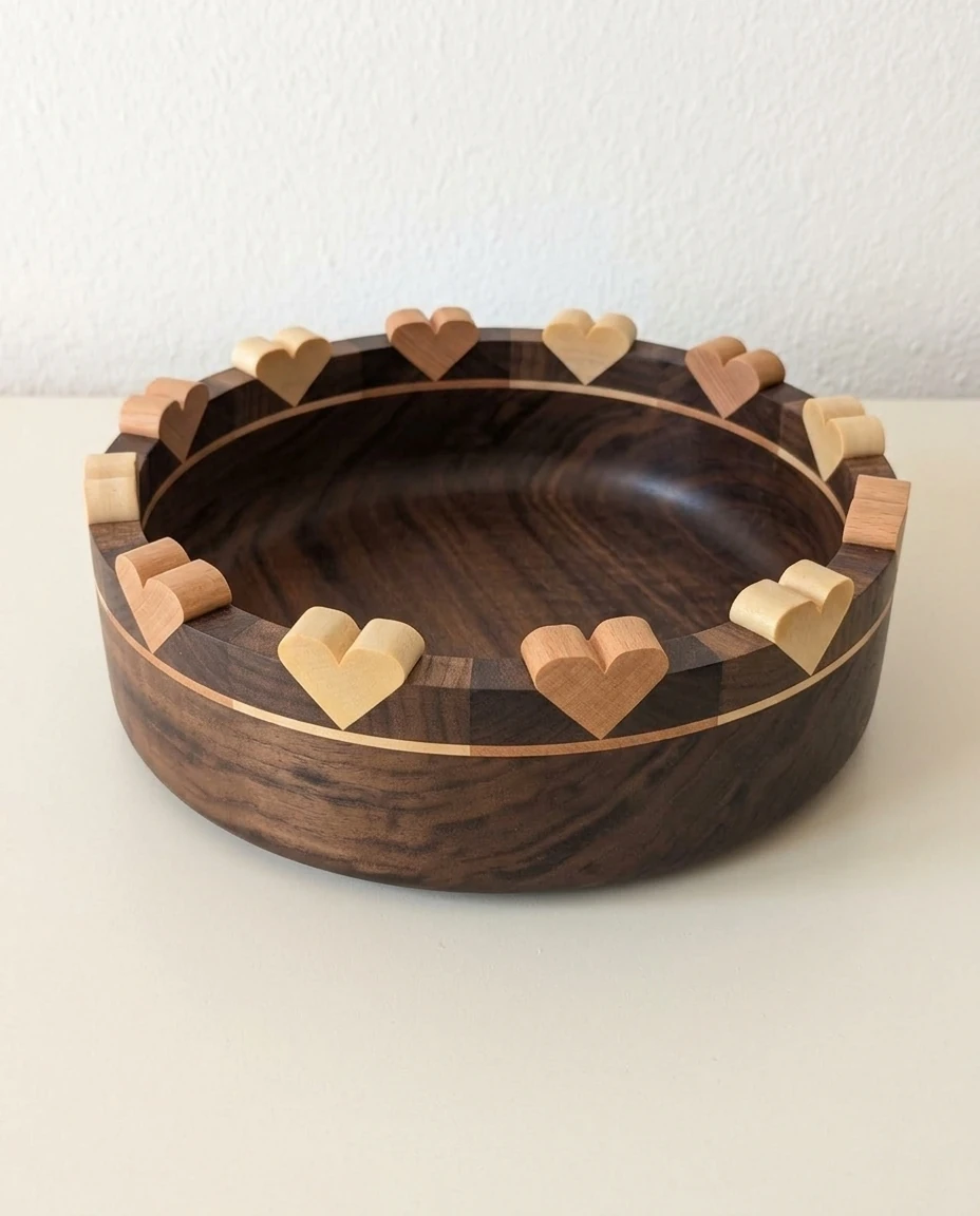 AI-generated walnut heart bowl photography: daylight, plain wall