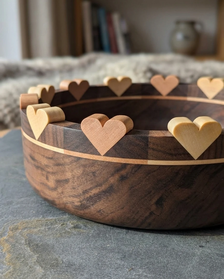 AI-generated walnut heart bowl photography: the ring of hearts