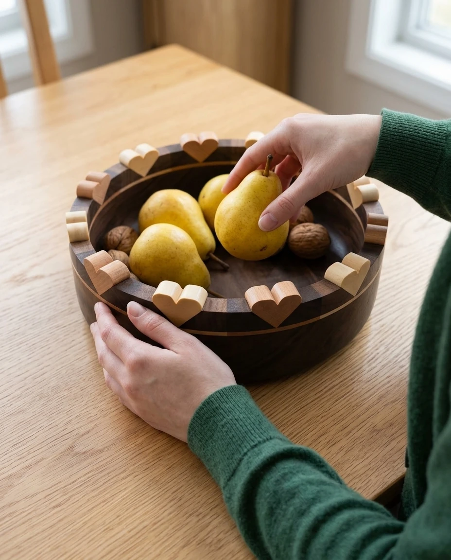 AI-generated walnut heart bowl photography: pears from the market