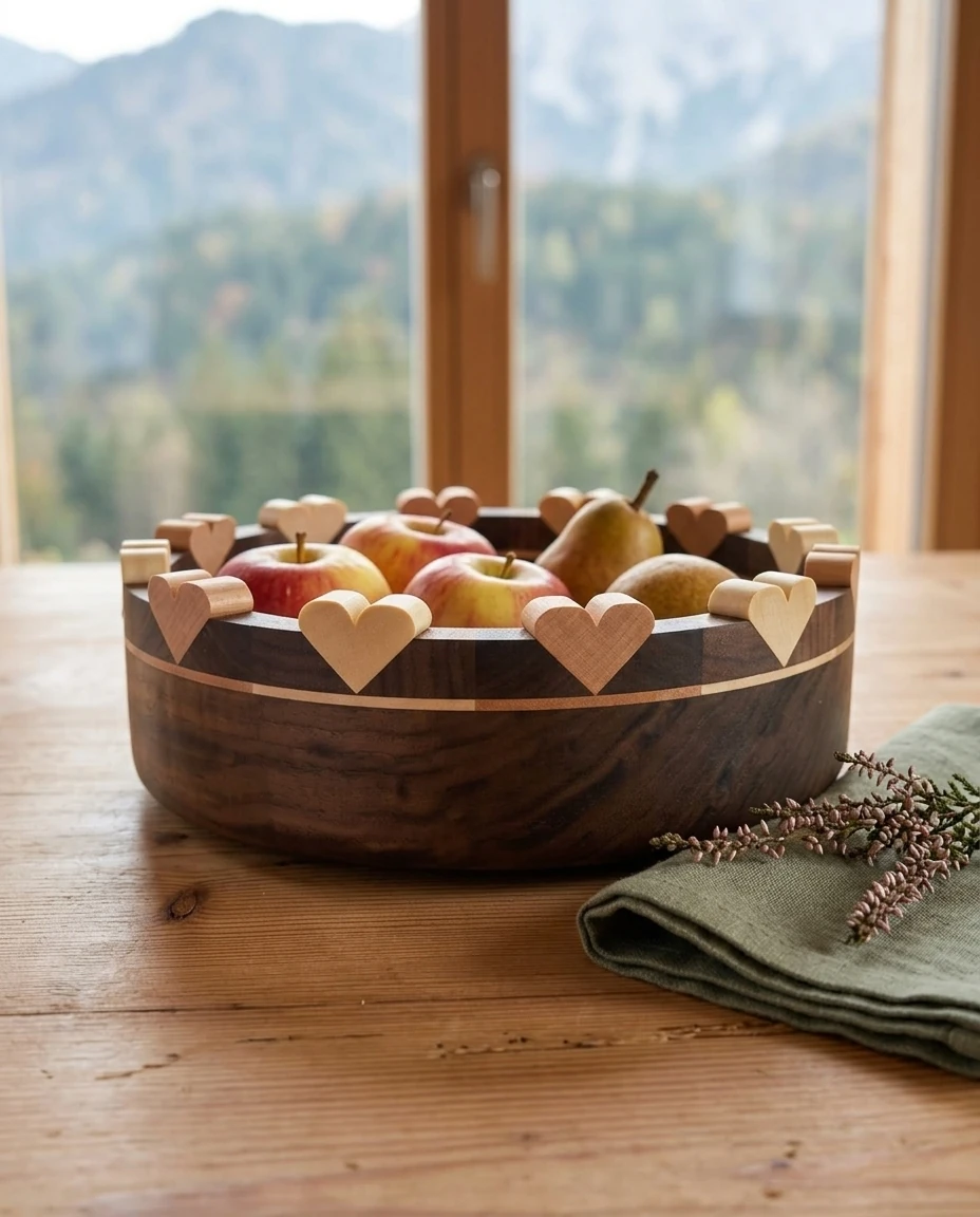 Walnut heart bowl in an AI-generated setting