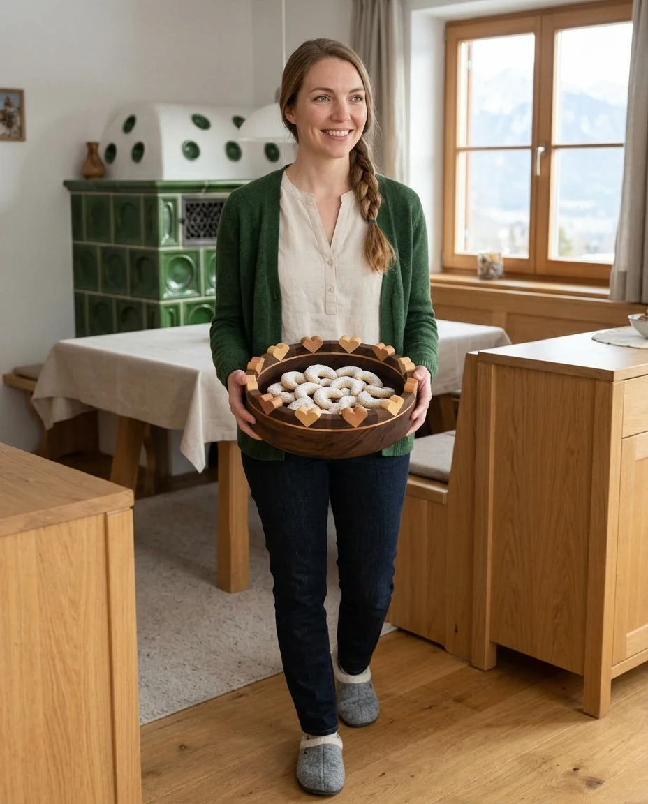 AI-generated walnut heart bowl photography: christmas cookies, carried in