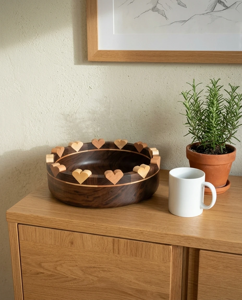 AI-generated walnut heart bowl photography: on the sideboard